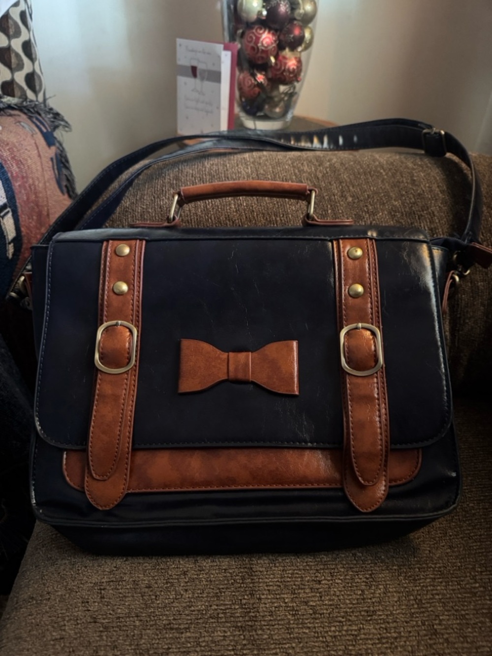 Blue and Brown Leather-Accent Bag with Bow Detail it is blue and brown, - Picture 8 of 8